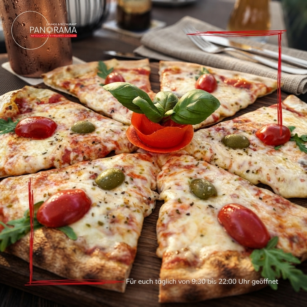 Dünne Pizza mit frischem Basilikum und Tomaten